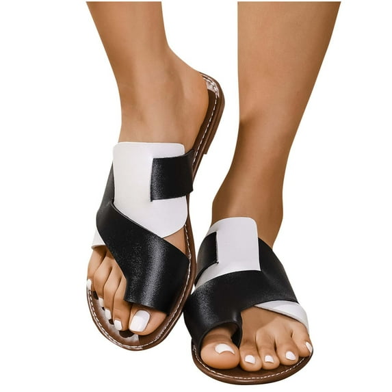 LOVZFMLL Flat Sandals for Women Summer Casual Leather Toe Loop Slippers Open Toe Beach Walking Soft Slides Slip On Outdoor White 9