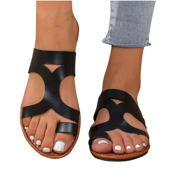 LOVZFMLL Flat Sandals for Women Toe Loop Hollow Leather Outdoor Slippers Open Toe Slip On Beach Slides for Summer Beach Walking Black 6
