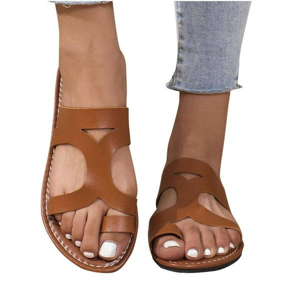 LOVZFMLL Flat Sandals for Women Toe Loop Hollow Leather Outdoor Slippers Open Toe Slip On Beach Slides for Summer Beach Walking Brown 6