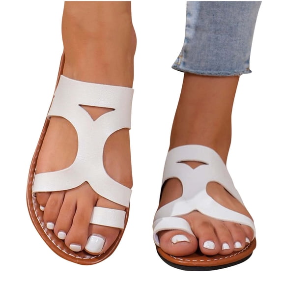 LOVZFMLL Flat Sandals for Women Toe Loop Hollow Leather Outdoor Slippers Open Toe Slip On Beach Slides for Summer Beach Walking White 6