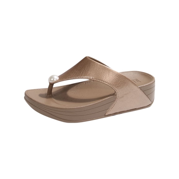 LOVZFMLL Flip Flips for Women Outdoor Beach Vacation Thong Slippers Casual Fashion Pearl-Studded Platform Wedge Sandals Yellow 7.5