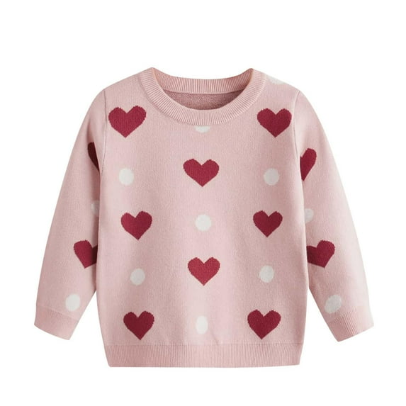 LOVZFMLL Girl's Sweater, Crew Neck Ribbed Pullover Heart Print, Casual Essential Cozy Fall Clothes Warm Winter Tops Toddler Girls Clothes for 4-5 Years