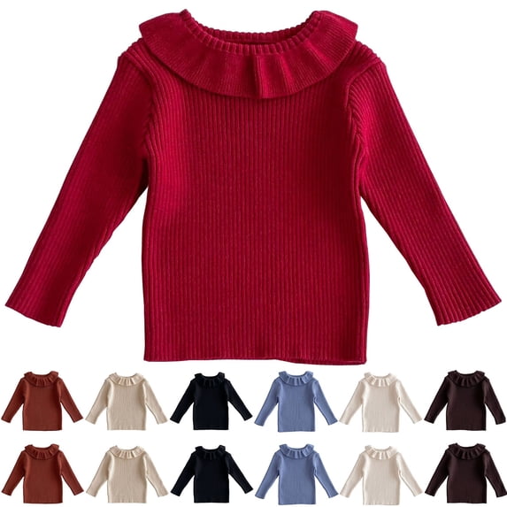 LOVZFMLL Girl's Sweater, Crew Neck Ribbed Pullover Solid Color Ruffle Neck, Casual Cute Stretchy Layering Top Fall Clothes Warm Winter Tops Toddler Girls Clothes for 4-5 Years