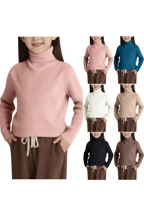 Girl's Sweater, Turtleneck Ribbed Pullover Solid Color, Casual Essential Cozy Stretchy Layering Top Fall Winter Tops Kid Girls Clothes for 7-8 Years
