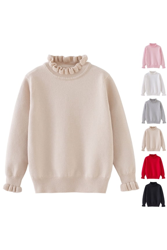 Girl's Sweater, Turtleneck Ribbed Pullover Solid Color, Casual Ruffle Neck Layering Top Fall Clothes Warm Winter Tops Kid Girls Clothes for 7-8 Years