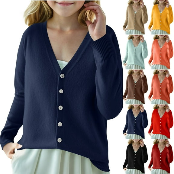 LOVZFMLL Girl's Sweater, V-Neck Ribbed Cardigan Solid Color, Casual Classic Comfy Everyday Button Outerwear Fall Winter Tops Kid Girls Clothes for 6-7 Years
