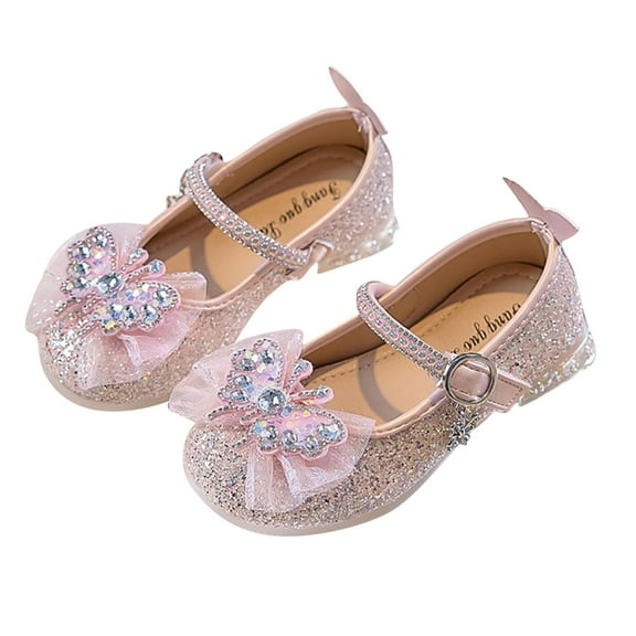 LOVZFMLL Girls' Dress Shoes Butterfly Lace Bow Knot Mary Jane Low Heels Girls Princess Glitter Rhinestone Footwear for Toddler Kid Pink 8-9 Years