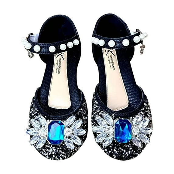 LOVZFMLL Girls Dress Shoes Mary Jane Wedding Party Shoes Glitter Rhinestone Princess Flat Footwear for Toddler Kids Black 9-12 Months