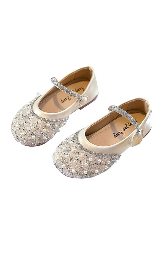 Girls Dress Shoes Sparkly Princess Prom Flats Glitter Rhinestone Classic Mary Jane Footwear Slip On Hook and Loop for Toddler Kid White 6.5-7 Years