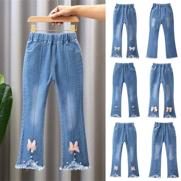 LOVZFMLL Girls Jeans Cute Bow Relaxed Fit Denim Pants Casual Full Length Pants Elastic Waist with Pockets Toddler Girls Clothes 2-3 Years