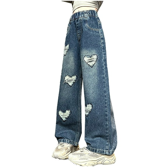 LOVZFMLL Girls Ripped Jeans Heart Straight Wide-Leg Loose Fit Pants Casual Long Denim Pants Elastic Waist with Pockets Teen Girls Clothes 14-16 Years