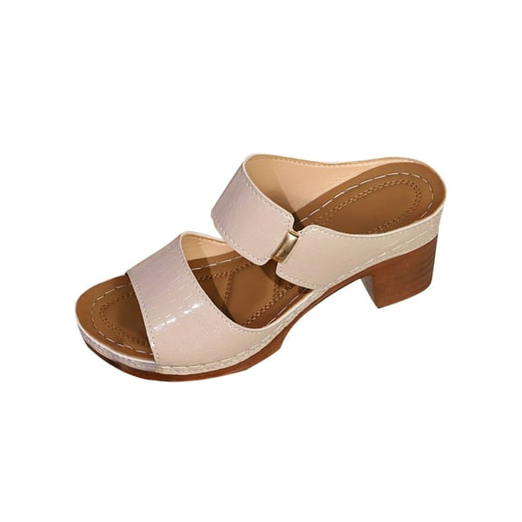 LOVZFMLL Heeled Sandals For Women Metal Buckle Open Toe Chunky Block Low Heel Slip On Slides for Summer Outdoor Beach Wear Beige 5.5