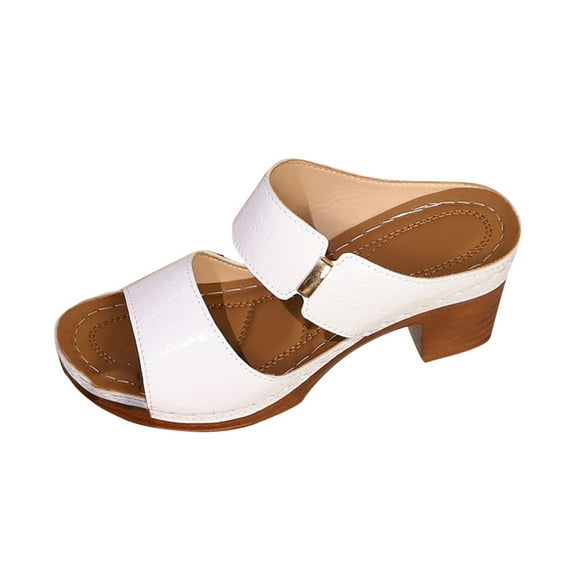 LOVZFMLL Heeled Sandals For Women Metal Buckle Open Toe Chunky Block Low Heel Slip On Slides for Summer Outdoor Beach Wear White 9