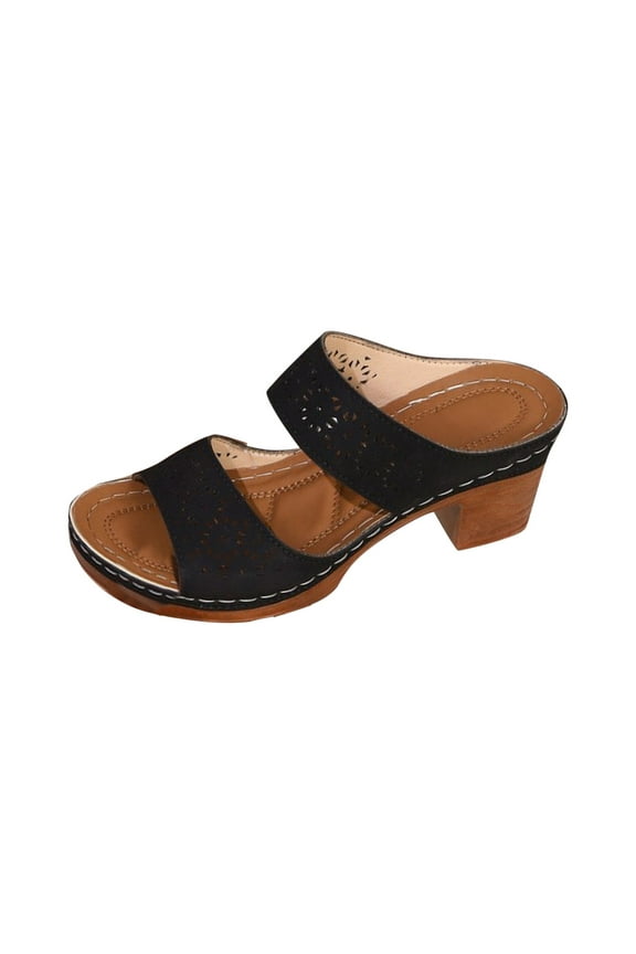 Heeled Sandals For Women Open Toe Chunky Block Low Heel Slip On Slides Two Band Summer Dressy Casual Footwear Black 7.5
