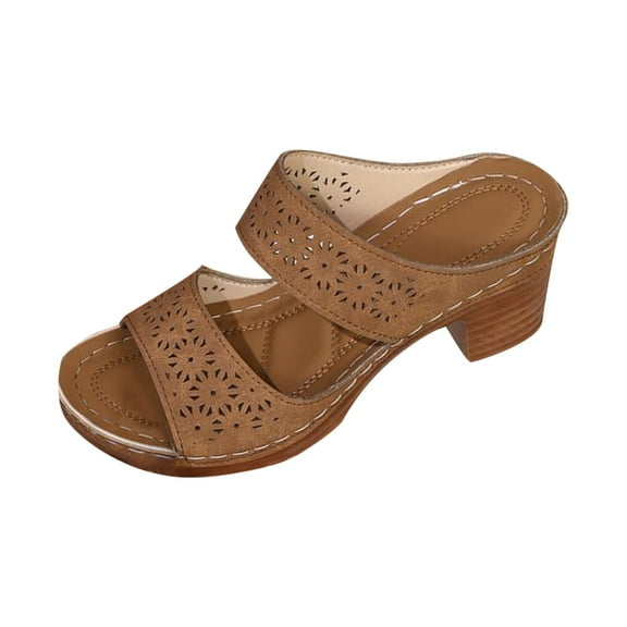 LOVZFMLL Heeled Sandals For Women Open Toe Chunky Block Low Heel Slip On Slides Two Band Summer Dressy Casual Footwear Khaki 5.5