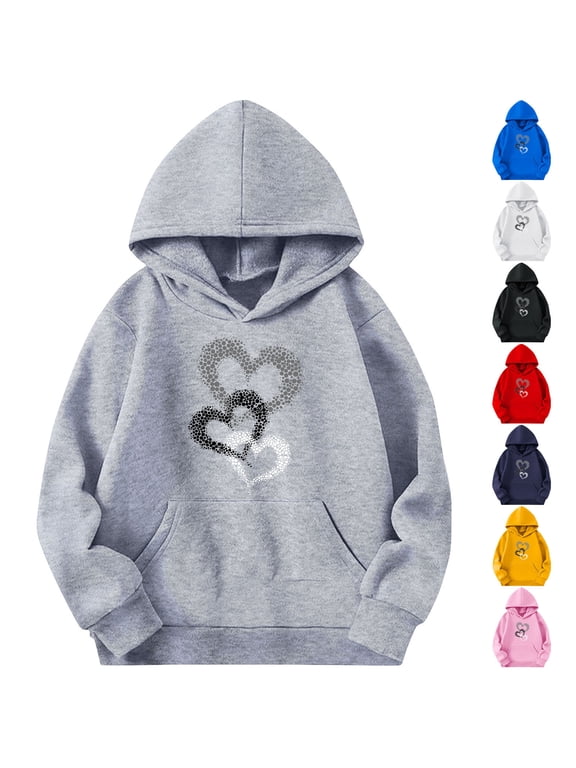 Hoodies for Girls Casual Heart Print Hooded Sweatshirt Solid Color Long Sleeve Pocket Loose Pullover Tops Little Girls Spring Fall Clothes 4-5 Years