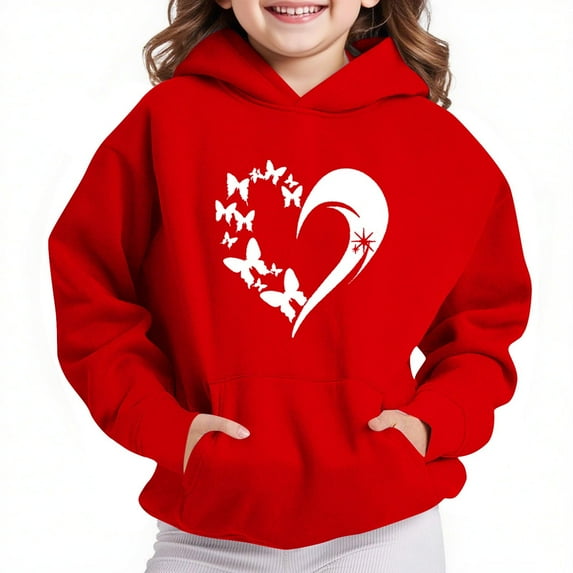 LOVZFMLL Hoodies for Girls Casual Loose Heart Print Hooded Sweatshirt Solid Color Long Sleeve Pullover Tops with Pocket Little Girls Spring Fall Clothes 7-8 Years