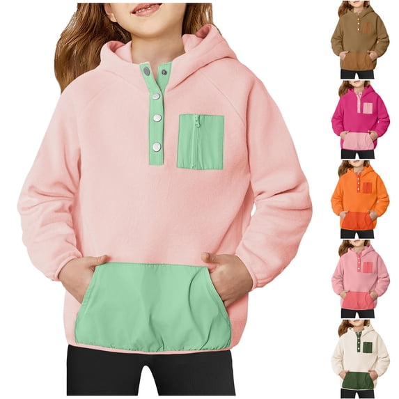 LOVZFMLL Hoodies for Girls Color Block Fashion Plush Half-Zip Hooded Sweatshirt Long Sleeve Pocket Warm Pullover Tops Little Girls Spring Fall Clothes 5-6 Years
