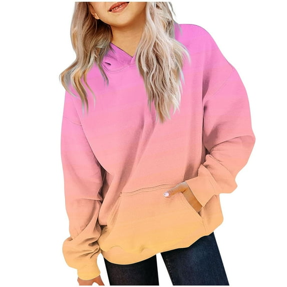 LOVZFMLL Hoodies for Girls Gradient Fashion Casual Loose Hooded Sweatshirt Long Sleeve Round Neck Pocket Pullover Tops Teen Girls Spring Fall Clothes 13-14 Years