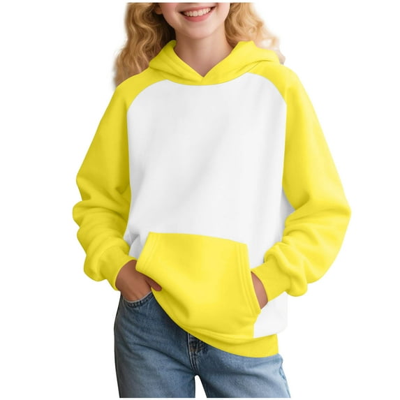 LOVZFMLL Hoodies for Girls Solid Color Casual Round Neck Color Block Hooded Sweatshirt Long Sleeve Pocket Pullover Tops Little Girls Spring Fall Clothes 11-12 Years