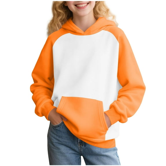 LOVZFMLL Hoodies for Girls Solid Color Casual Round Neck Color Block Hooded Sweatshirt Long Sleeve Pocket Pullover Tops Little Girls Spring Fall Clothes 5-6 Years