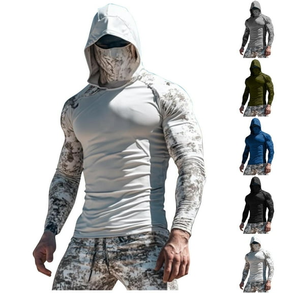 LOVZFMLL Hoodies for Men, Camo Performance Sun Hoodie with Built-in Face Mask, Lightweight Breathable for Outdoor Workout Hiking Fishing, Hooded Relaxed Fit Fall Clothes
