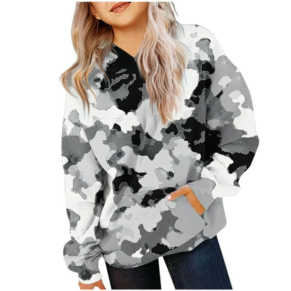 LOVZFMLL Hoodies for Girls Camo Stripe Casual Loose Hooded Sweatshirt Long Sleeve Pocket Pullover Tops Little Girls Spring Fall Clothes 11-12 Years