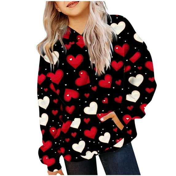 LOVZFMLL Hoodies for Girls Fashion Heart Casual Loose Hooded Sweatshirt Long Sleeve Pocket Pullover Tops Little Girls Spring Fall Clothes 11-12 Years