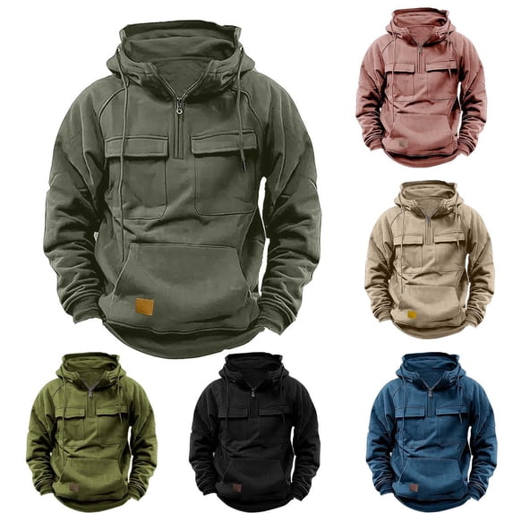 LOVZFMLL Hoodies for Men, Solid Cargo Hooded Sweatshirt with Multiple Pockets, Casual Athletic, Loose Fit Pullover Fall Clothes