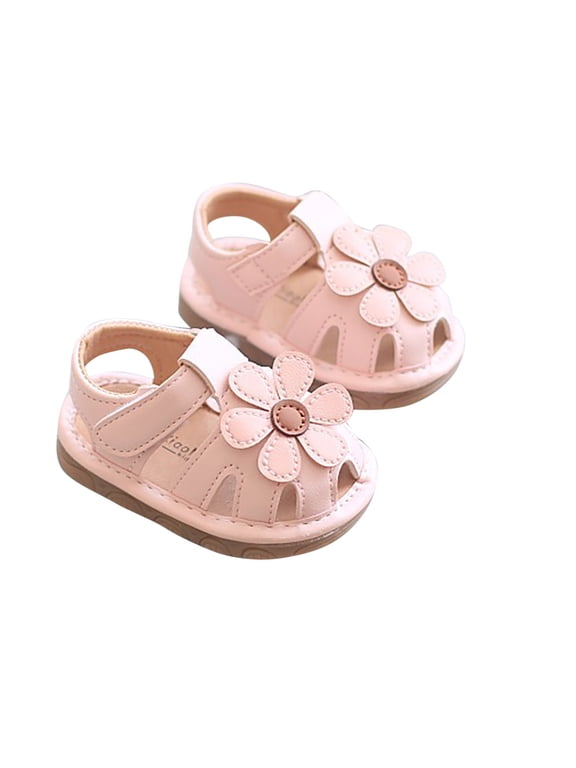 Infant Baby Girls Sandals with Flower Squeaky Non-Slip Cute Flats for Summer Soft Sole Closed Toe Crib First Walkers Pink 3-6 Months