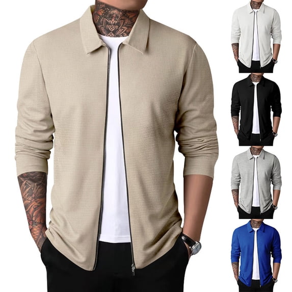 LOVZFMLL Jacket for Men Casual Slim Fit Shirt Jacket Zip Up Waffle Cardigan Spring Fall Golf Coats Outerwear with Pockets
