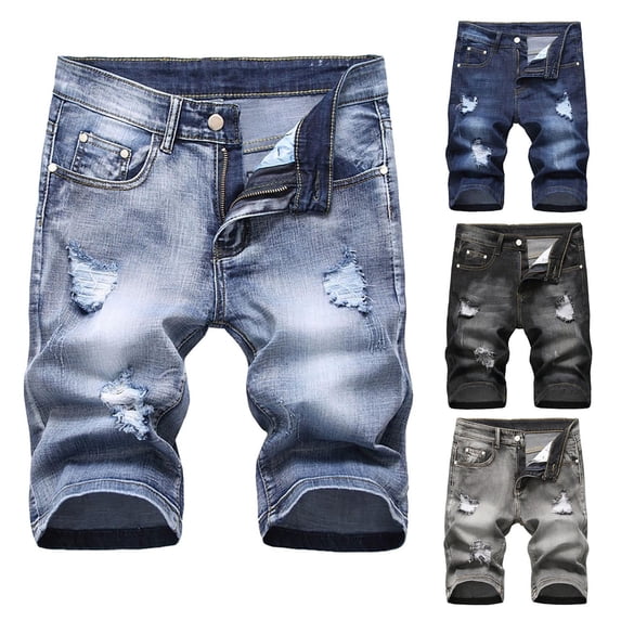 LOVZFMLL Jean Shorts for Men Classic Ripped Stretch Denim Shorts Summer Casual Straight Knee Length Shorts with Pockets Dark Blue S