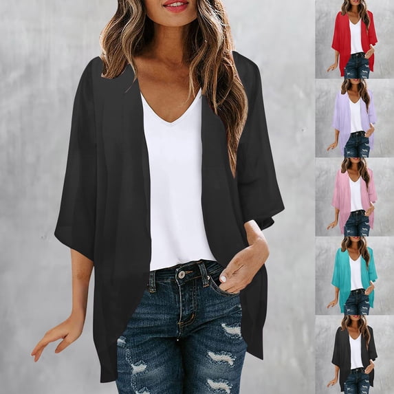 LOVZFMLL Kimono Cardigan for Women Casual Solid Chiffon Cover Up Open Front Loose Fit Beach Tops for Summer & Fall Short Sleeve Outfit