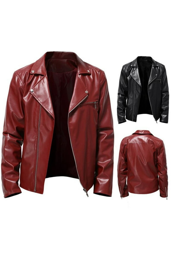 Leather Jacket Vintage Casual Slim Dressy Rock Motorcycle Jacket Notched Collar Zip Up Biker Jacket Outerwear