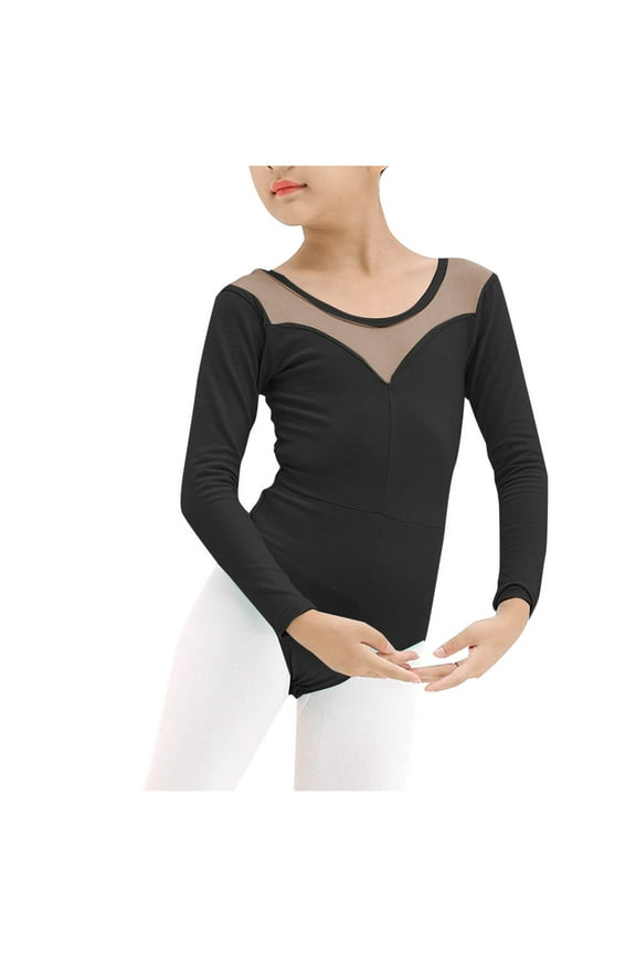 Little Girls Ballet Leotard, Lace Solid Stretch Cozy Crew Neck Long Sleeve Bodysuit, Ballerina Performance Outfit Dancewear 5-6 Years Girls Clothes