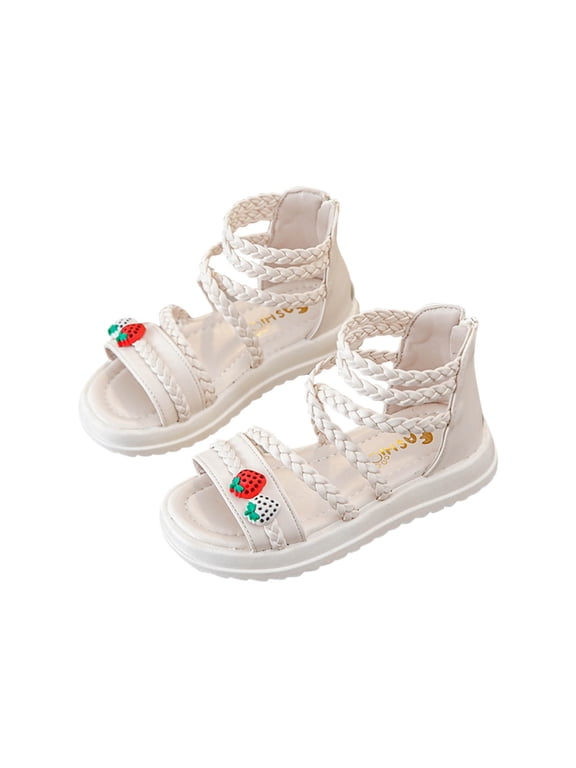 Little Girls Sandals Strawberry Princess Dress Flats Soft Sole for Summer Toddlers and Kids Ages 3-13 Open Toe Zip-Up Beige 3-4 Years