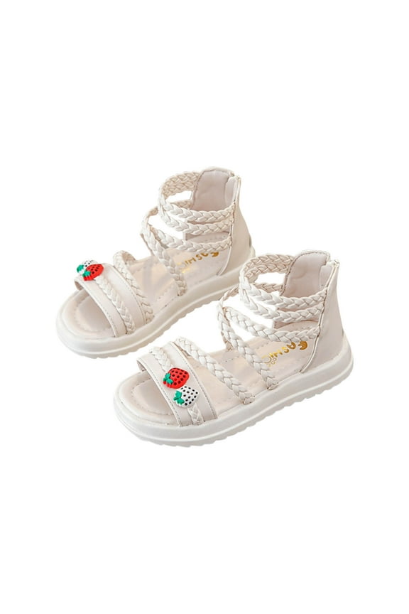 Little Girls Sandals Strawberry Princess Dress Flats Soft Sole for Summer Toddlers and Kids Ages 3-13 Open Toe Zip-Up Beige 3-4 Years