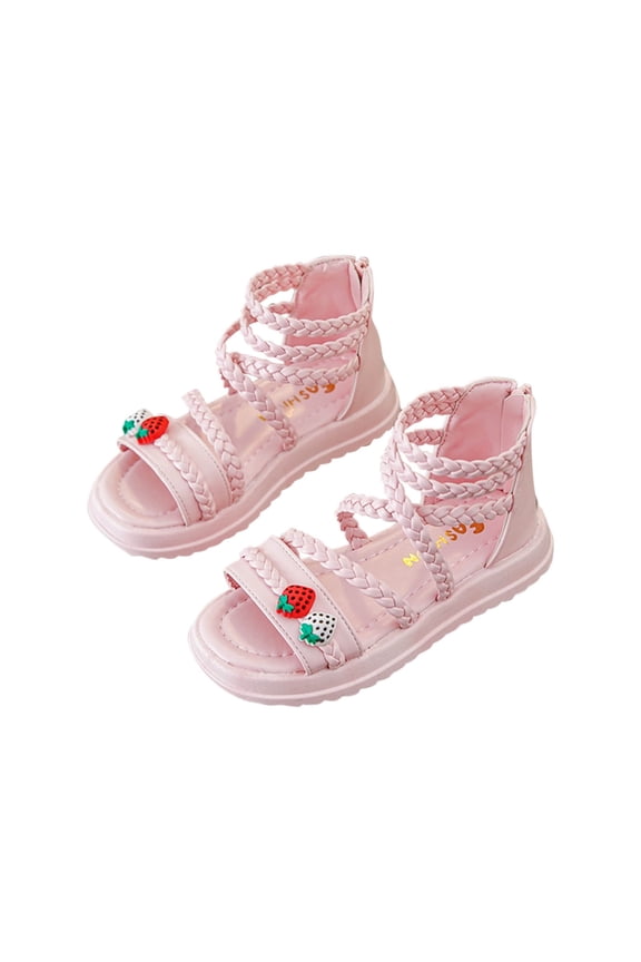 Little Girls Sandals Strawberry Princess Dress Flats Soft Sole for Summer Toddlers and Kids Ages 3-13 Open Toe Zip-Up Pink 4-4.5 Years