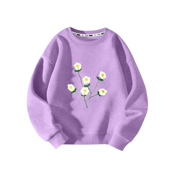 LOVZFMLL Little Girls Tops, Floral Print Fleece Lined Warm Cute Versatile Crew Neck Long Sleeve Sweatshirt, Fall Clothes 10-11 Years Girls Clothes