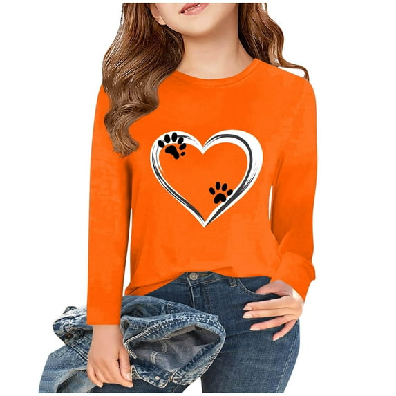 LOVZFMLL Little Girls Tops, Heart Print Fashion Casual Everyday Versatile Crew Neck Long Sleeve T-Shirt, Fall Clothes 11-12 Years Girls Clothes