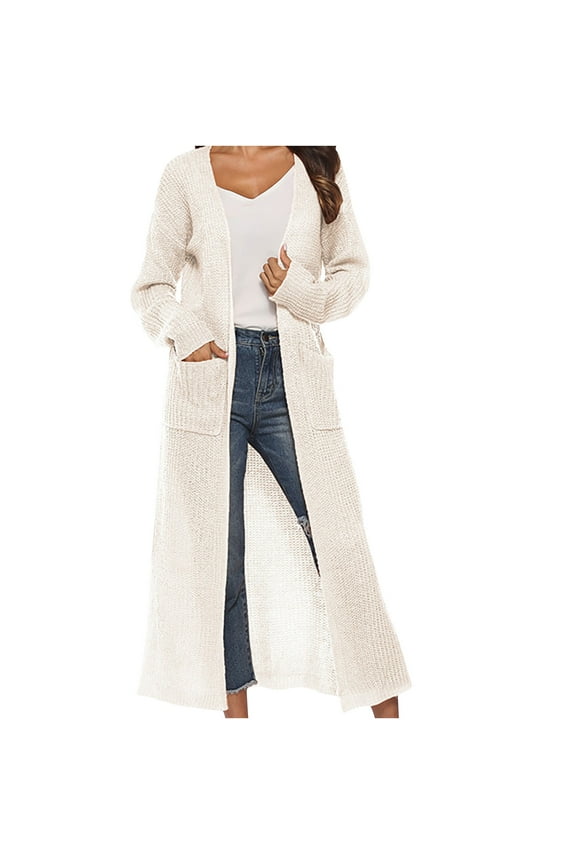 Long Cardigan Sweater for Women Open Front Long Sleeve Split Cover-Ups with Pockets for Spring & Fall Casual Solid Color