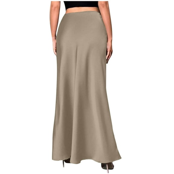 LOVZFMLL Long Skirts for Women Elegant Classic Solid Casual A-Line Maxi Skirts Soft Comfy Swing Flowy Long Dress Dark Khaki S
