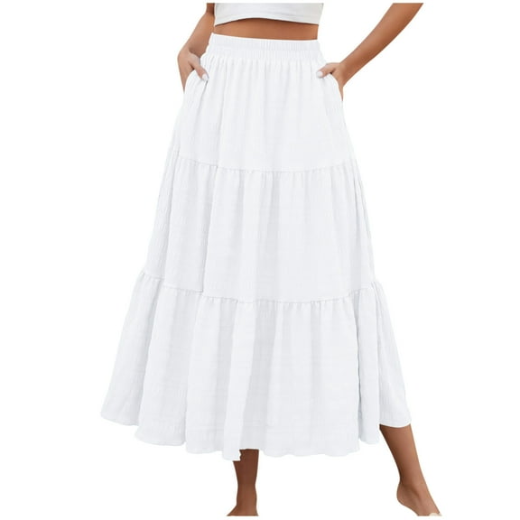 LOVZFMLL Long Skirts for Women Tired Boho Maxi Skirts Elastic Waist Swing Flowy Casual Solid Beach Vacation A-Line Dress White L