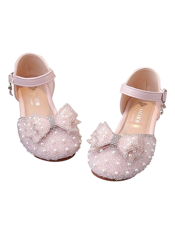 Mary Jane Flats for Toddler Girls Little Kids Glittery Dress Princess Wedding Party Shoes Low Heels Bow Footwear Pink 2-2.5 Years