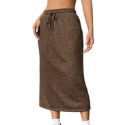 LOVZFMLL Maxi Skirts for Women 2025 Summer Casual Solid Drawstring Elastic High Waist Long Sweat Skirts with Pockets Brown L