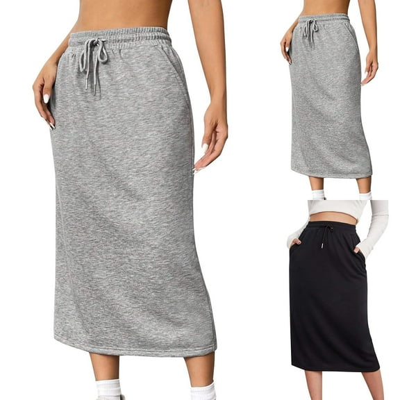 LOVZFMLL Maxi Skirts for Women 2025 Summer Casual Solid Drawstring Elastic High Waist Long Sweat Skirts with Pockets Gray S