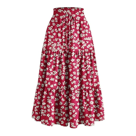 LOVZFMLL Maxi Skirts for Women 2025 Tiered Boho Casual Long Skirts Drawstring Elastic Waist Solid Swing Flowy Maxi Dress Red S