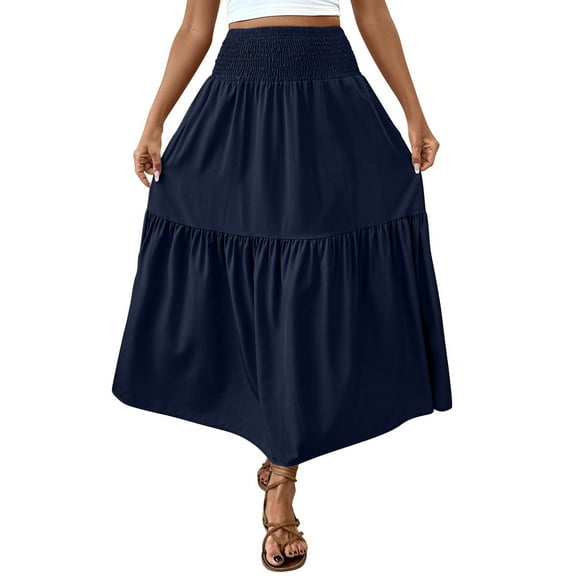 LOVZFMLL Maxi Skirts for Women Casual Beach Vacation Clothes Swing Flowy Tiered Ruffle Elastic High Waist Long Skirts Navy M