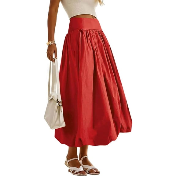 LOVZFMLL Maxi Skirts for Women Casual Solid Elastic High Waist Long Skirts with Pockets Swing Flowy Beach Vacation Dress Red S