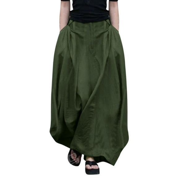 LOVZFMLL Maxi Skirts for Women Oversized Casual Solid Long Skirts with Pockets Loose Swing Flowy Beach Vacation Dress Army Green L